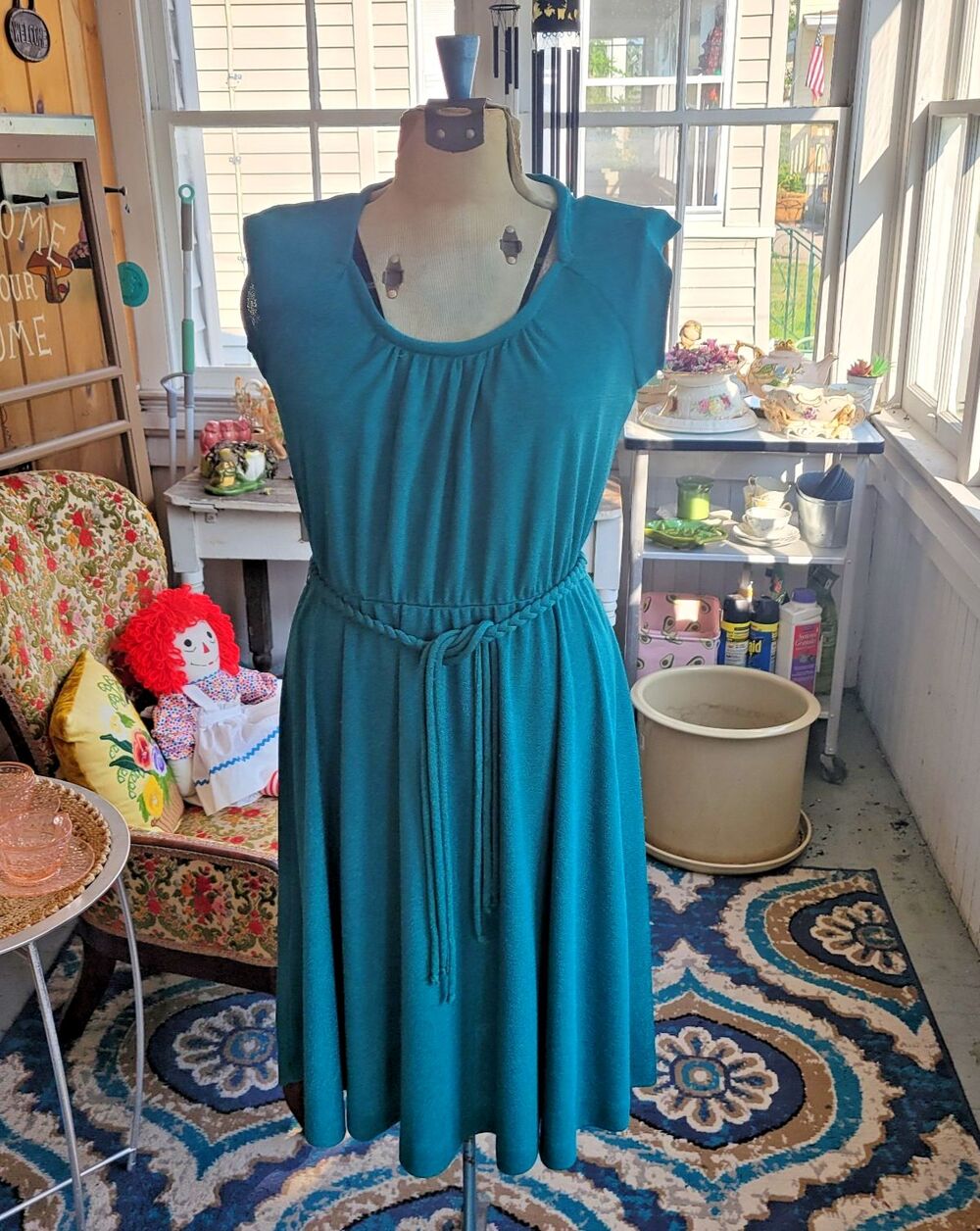 Vintage 1970's Cinched Waist Soft Poly Sundress Braided Belt Sz S Teal